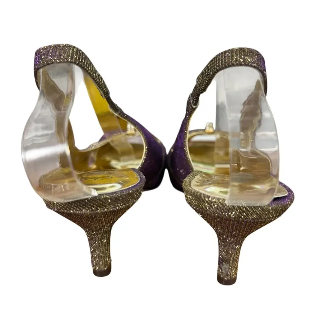 J Renee Metallic Gold Purple Slingback Peep Toe Heels Shoes Leather Sole sz 11